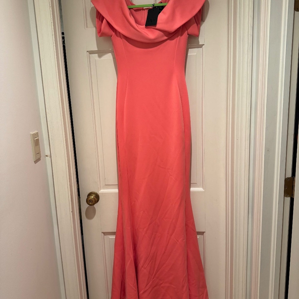 Beautiful coral long fitted dress with slight flare at hem by Black Halo Eve.